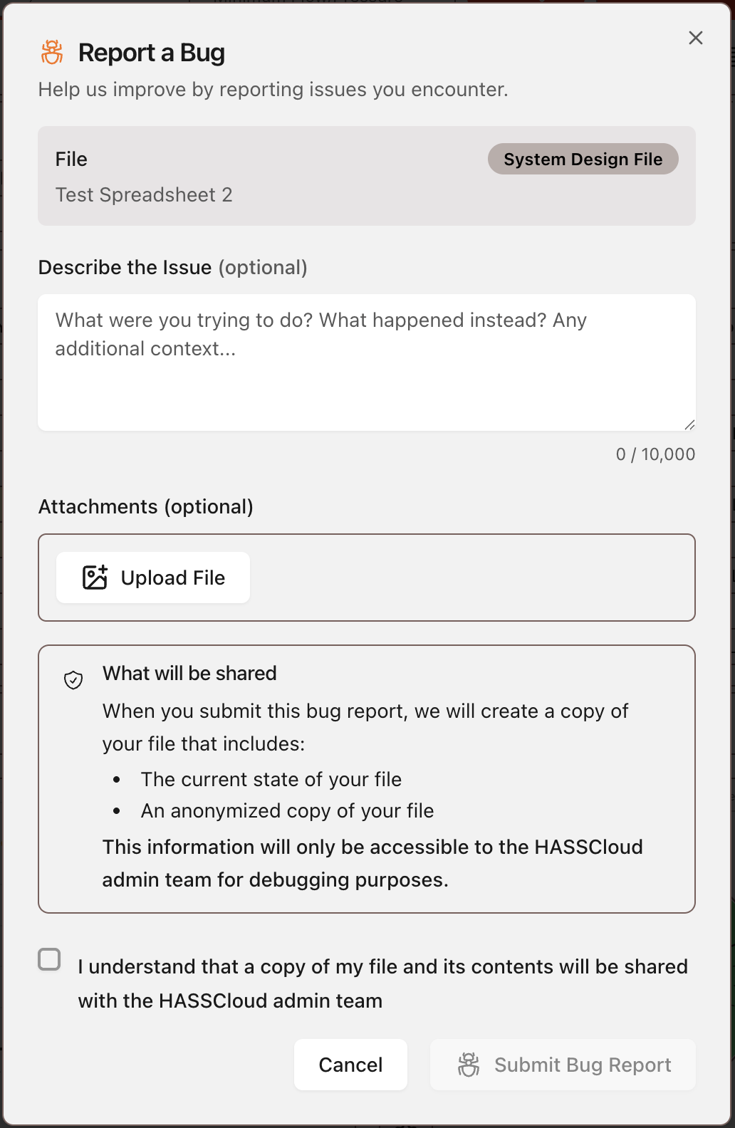 Report Bug submission form