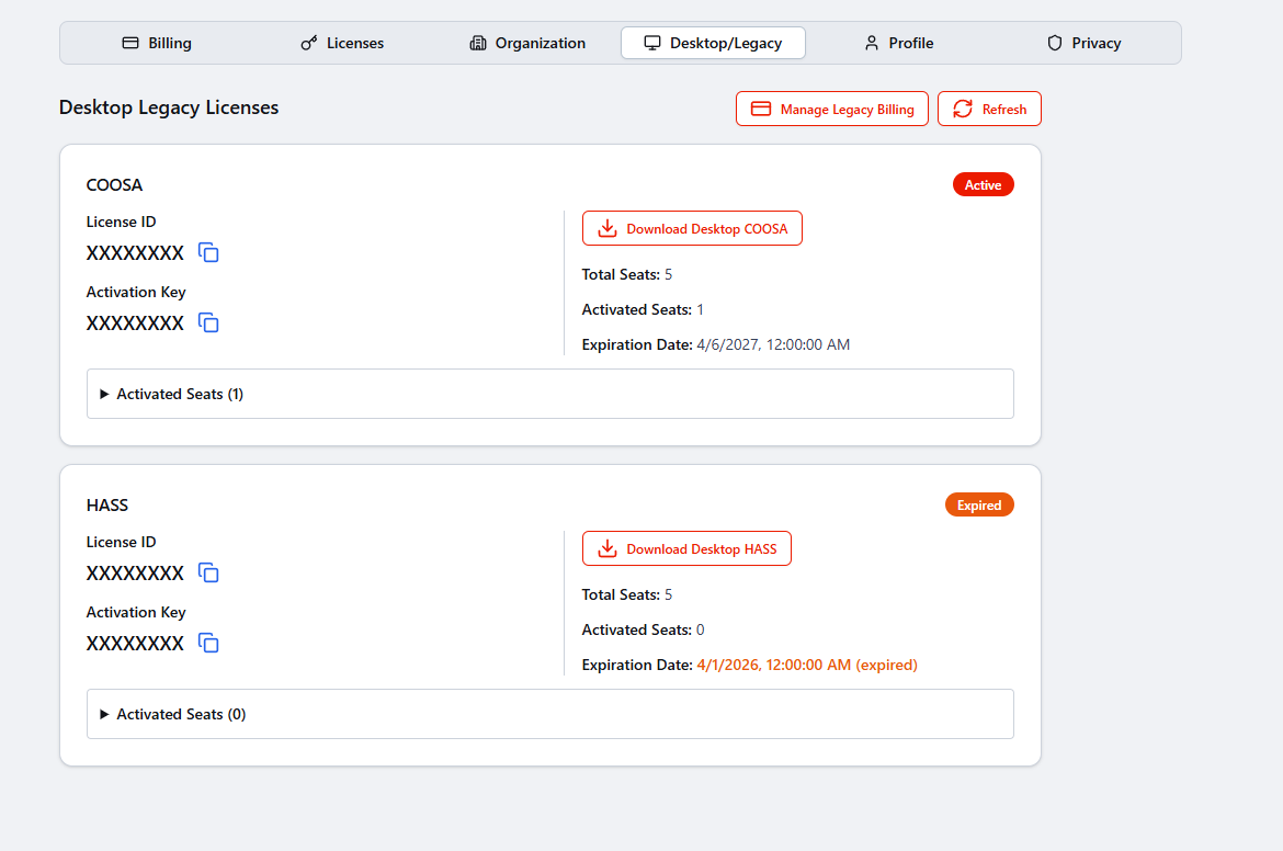 Desktop/Legacy license management screen