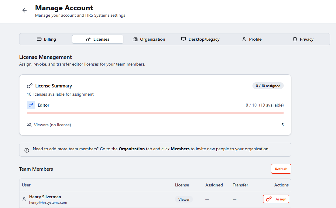 Assign an editor license from the Licenses tab