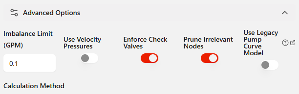 Use Legacy Pump Curve Model toggle in advanced options